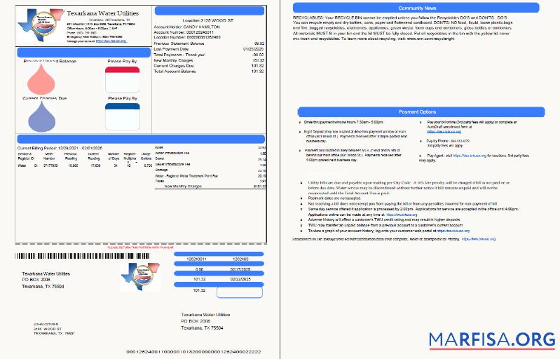 Blank USA Texarkana water utilities utility bill template in Word and PDF formats, 2 pages